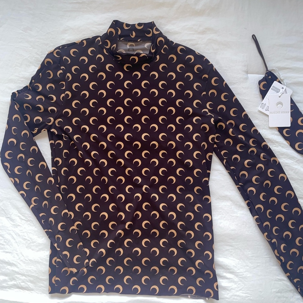 Marine Serre Midnight Black Top with Golden Crescent Pattern